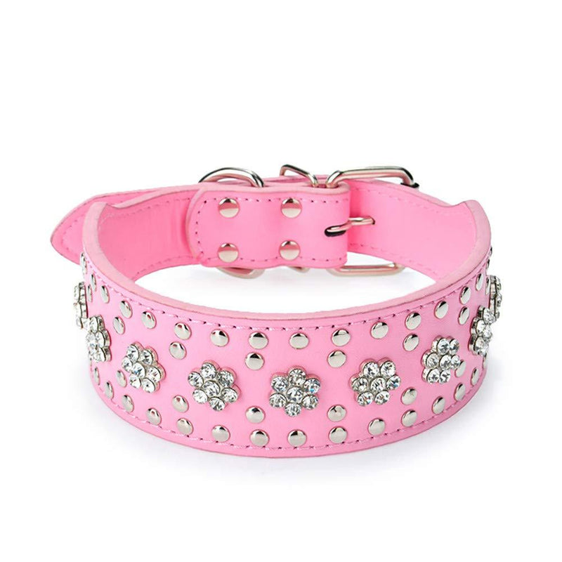 haoyueer Rhinestones Dog Collars Flower Pattern Rhinestone Studded Leather Sparkly Crystal Diamonds Dazzling Sparkling Elegant Fancy PU Leather Dog Collar for Medium & Large Dogs (M, Pink) M - PawsPlanet Australia