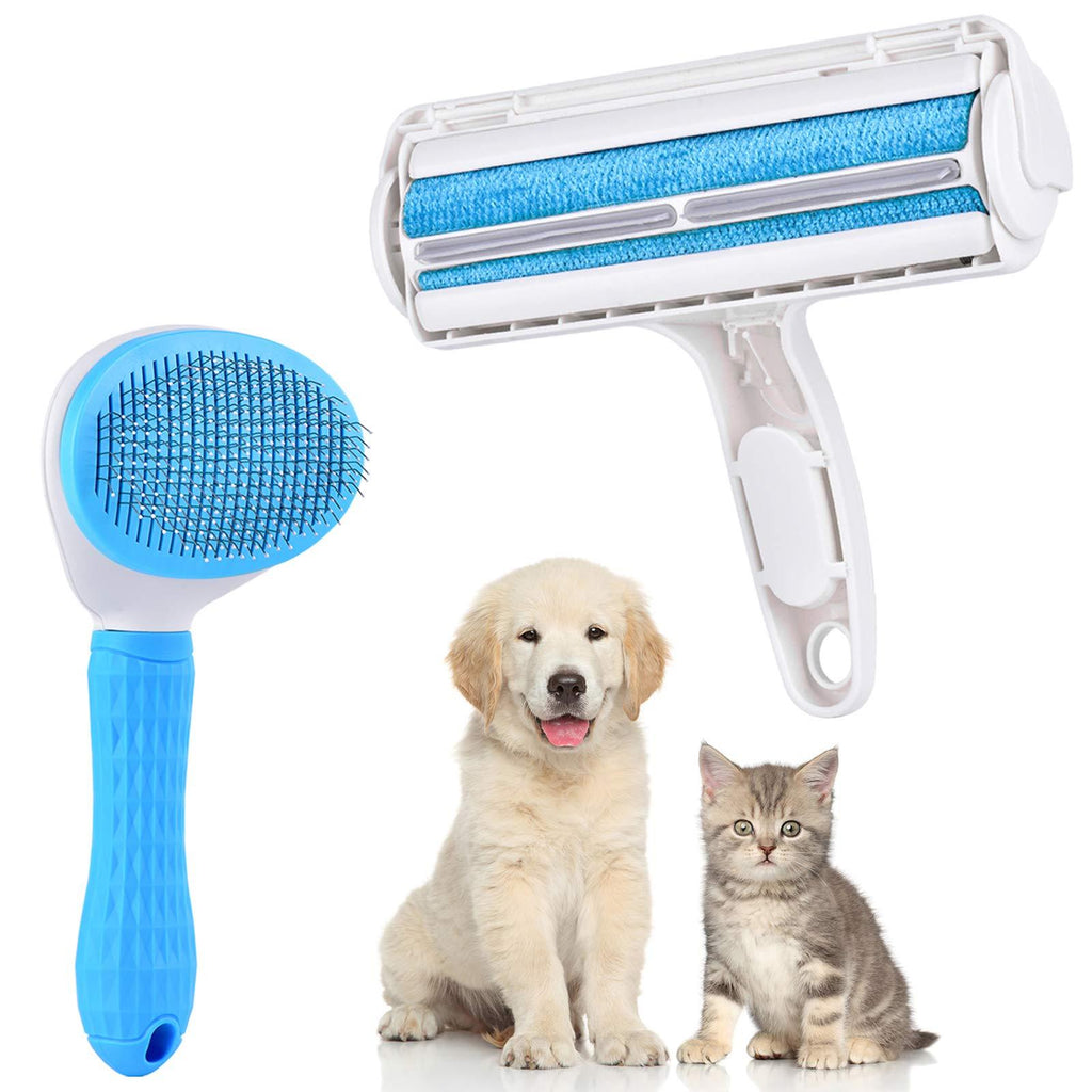 DanceWhale Reusable Pet Hair Remover, Animal Hair Removal Roller & Dog Cat Grooming Brush, Easy to Clean Pet Fur from Furniture, Carpet, Clothes, Bedding and Sofa, Blue 2 pieces - PawsPlanet Australia