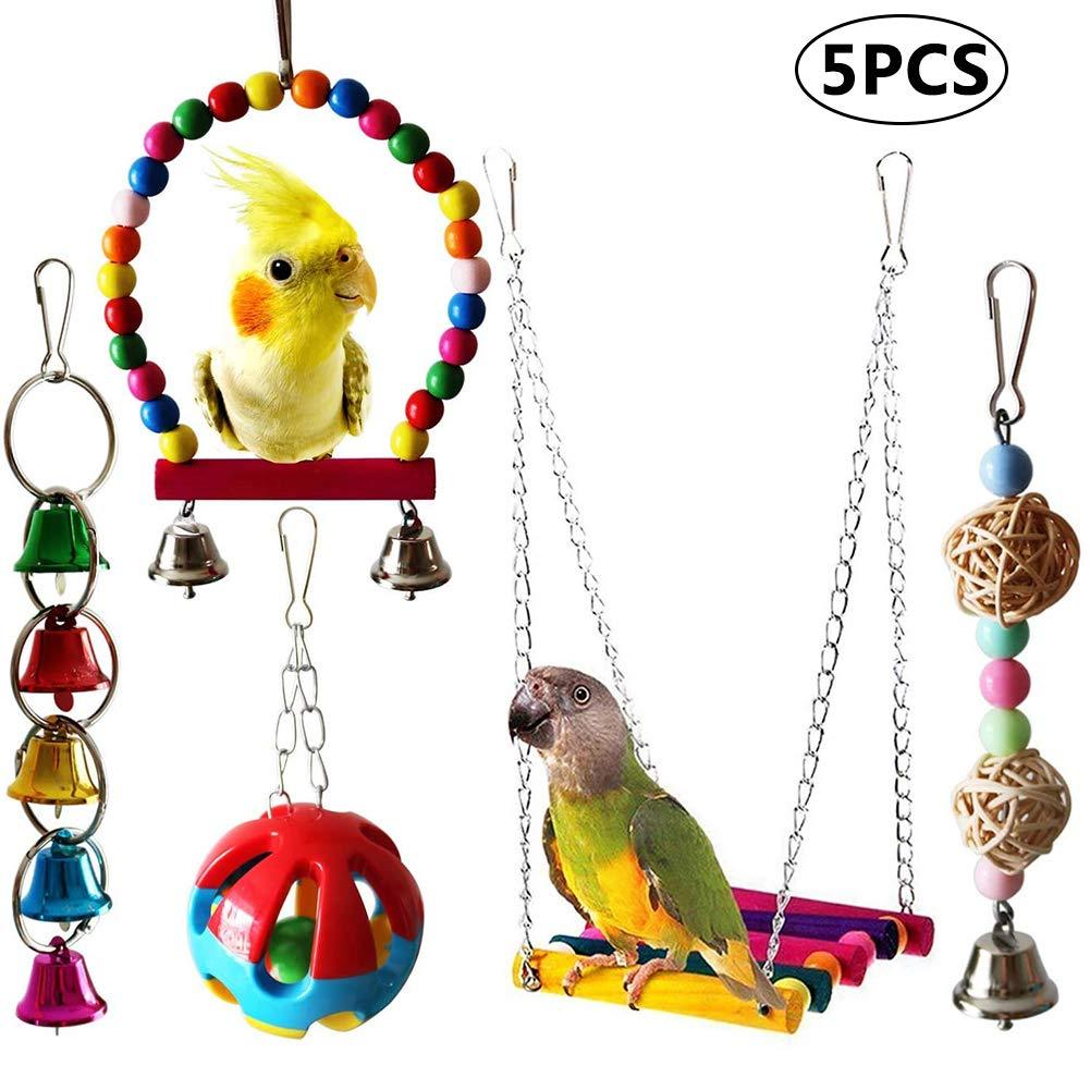 5pcs Bird Parrot Toy, BESTZY Bird Cage Toys Swing Toy Pet Bird Cage Hanging Bell Wooden Hanging Perch Toy Hammock for Small Parrots, Love Birds, Small Parakeets Cockatiels, Macaws - PawsPlanet Australia