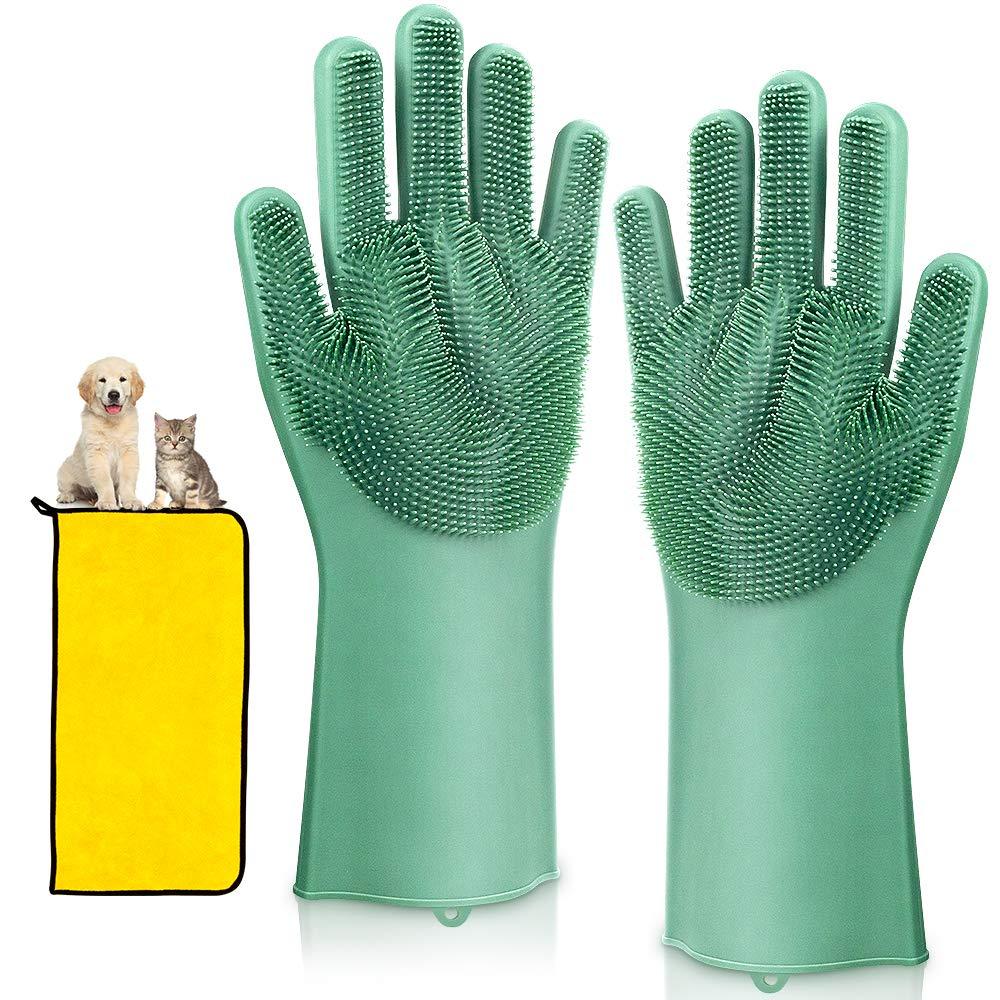 Peakally Pet Grooming Gloves, Dog Bathing Scrubber Gloves, Soft Silicone Hair Removal Golves with High Density Tips for Cats, Dog with Drying Towel - PawsPlanet Australia