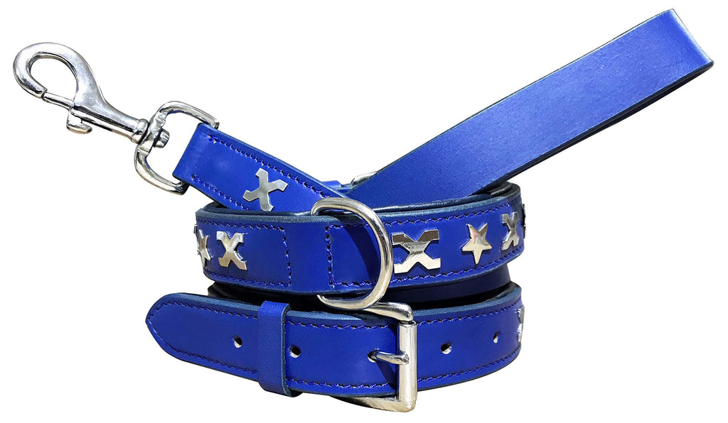 BRADLEY CROMPTON Genuine Leather Matching Pair Dog Collar and Lead Set M M (38-48cm) Blue - PawsPlanet Australia