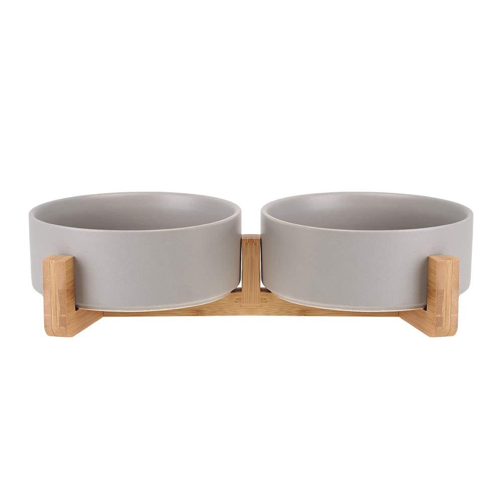 HCHLQLZ Grey Ceramic Cat Dog Bowl Dish with Wood Stand No Spill Pet Food Water Feeder Cats Small Dogs Set of 2 Grey ×2 - PawsPlanet Australia