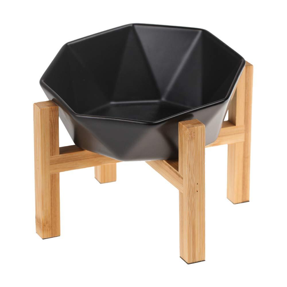 HCHLQLZ Black with stand Ceramic Tilted Elevated Raised Pet Bowl with bamboo Stand for Cats and Dogs No Spill Pet Food Water Feeder - PawsPlanet Australia