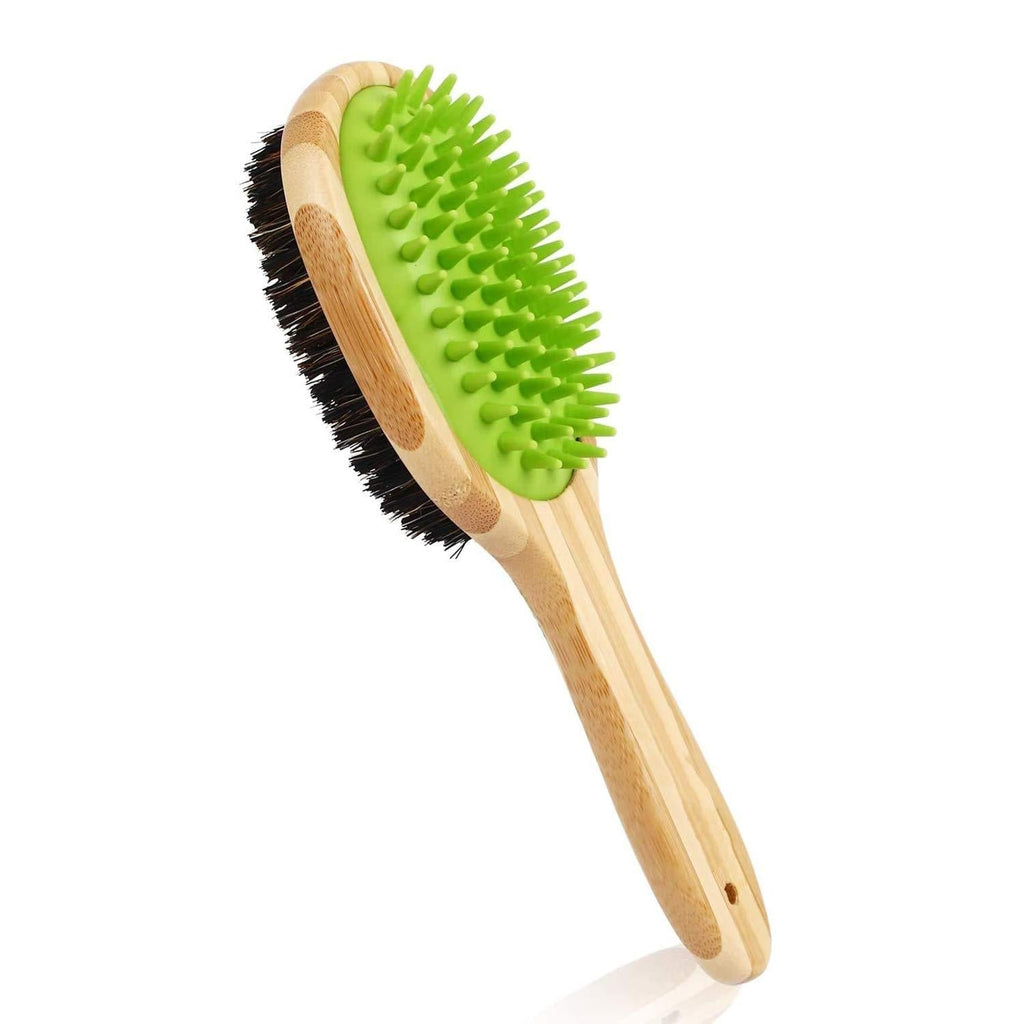 Double Sided Pet Grooming Bath Brush, 2 in 1 Silicone Needle and Natural Bristle Bamboo Comb, Removes Loose Fur & Dirt, Great for Cats Dogs Short to Long Fur Massaging Bathing - PawsPlanet Australia