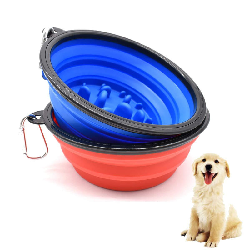 Liwein Collapsible Dog Bowl,2 Slow Feeder Dog Bowl Large Silicone Portable Pet Cat Travel Food Water Bowl with Carabiner Clips for Outdoor Camping Hiking (Blue+Red) - PawsPlanet Australia