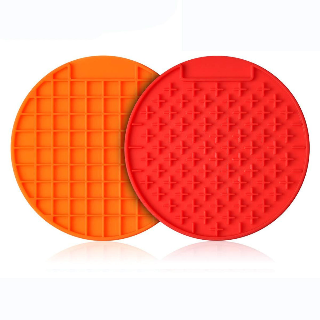 Pet Lick Mat, Songway Dog Cat Slow Feeder Pad Silicone Licking Mat Using with Serve Treats, Yogurt Or Peanut Butter, Perfect for Training, Grooming, Nail Trim, Car Travel, 2 Pack (Orange+red) Orange+red - PawsPlanet Australia