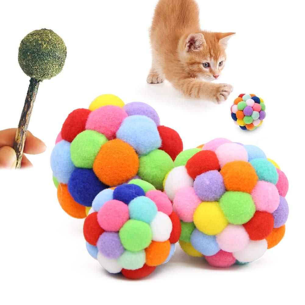 Wudong 3 Pcs Colorful Cat Balls with 1 Pcs Catnip Lollipop,Plush Bouncy Ball Bell Interactive Toys for Cats Kitten Training Playing Chewing - PawsPlanet Australia