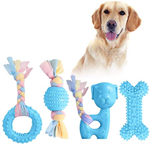 JYPS Puppy Chew Toys, 4pcs Dog Teething Chewing Toy Set with Ball and Cotton Ropes, Aggressive Chew Toys, Interactive Pet Toys Gift Pink for 8 Weeks Small Puppies and Medium Dogs (Blue) Blue - PawsPlanet Australia