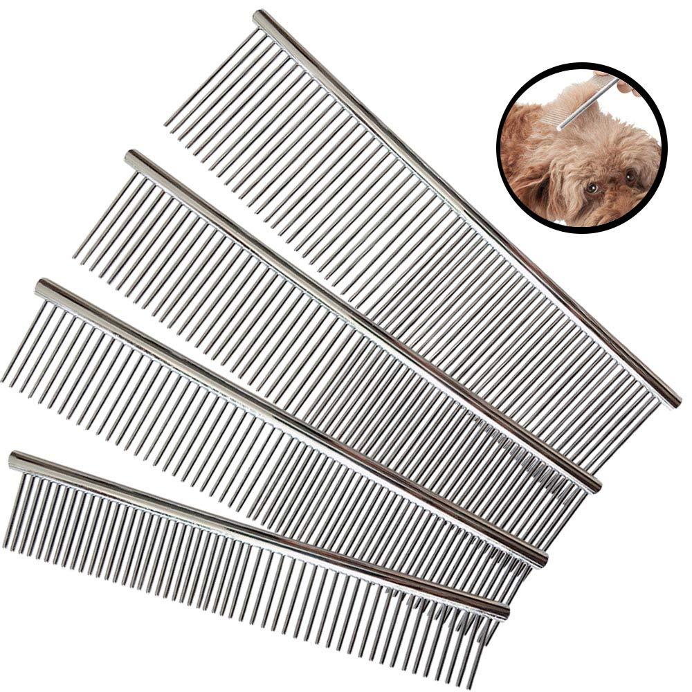 Kingrun Stainless Steel Pet Comb, 4 Pack Pet Grooming Steel Comb with Rounded Teeth, Metal Comb For Dogs, Cats and Other Pets with Tangled Short/Long Hair (16 x 2.5cm, 19 x 3cm, 19 x 4cm, 19 x 5cm) - PawsPlanet Australia