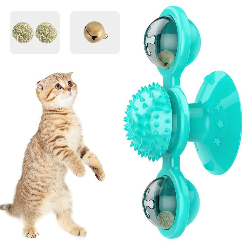 Pawaboo Windmill Cat Toy, Rotating Turntable Teasing Scratch Tickle Hair Brush Molar Massage Cat Toy, Funny Interactive Training Pet Play Ball Toy with Suction Cup Base for Cat Kitty Kitten, Lake Blue - PawsPlanet Australia