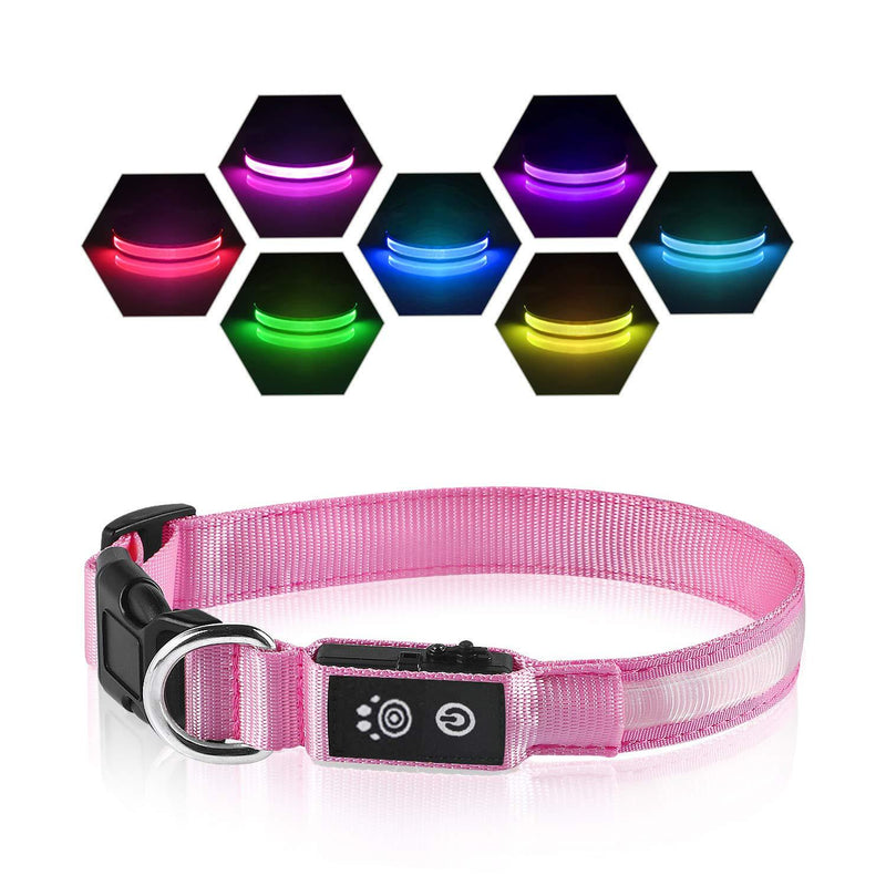 PcEoTllar LED Dog Collar Rechargeable Waterproof 7 Color Change Light Up Dog Collars Super Bright Night Safety High Visibility 10H Working Time for Small Medium Large Dogs - Pink -S S(40cm,2.5cm) - PawsPlanet Australia