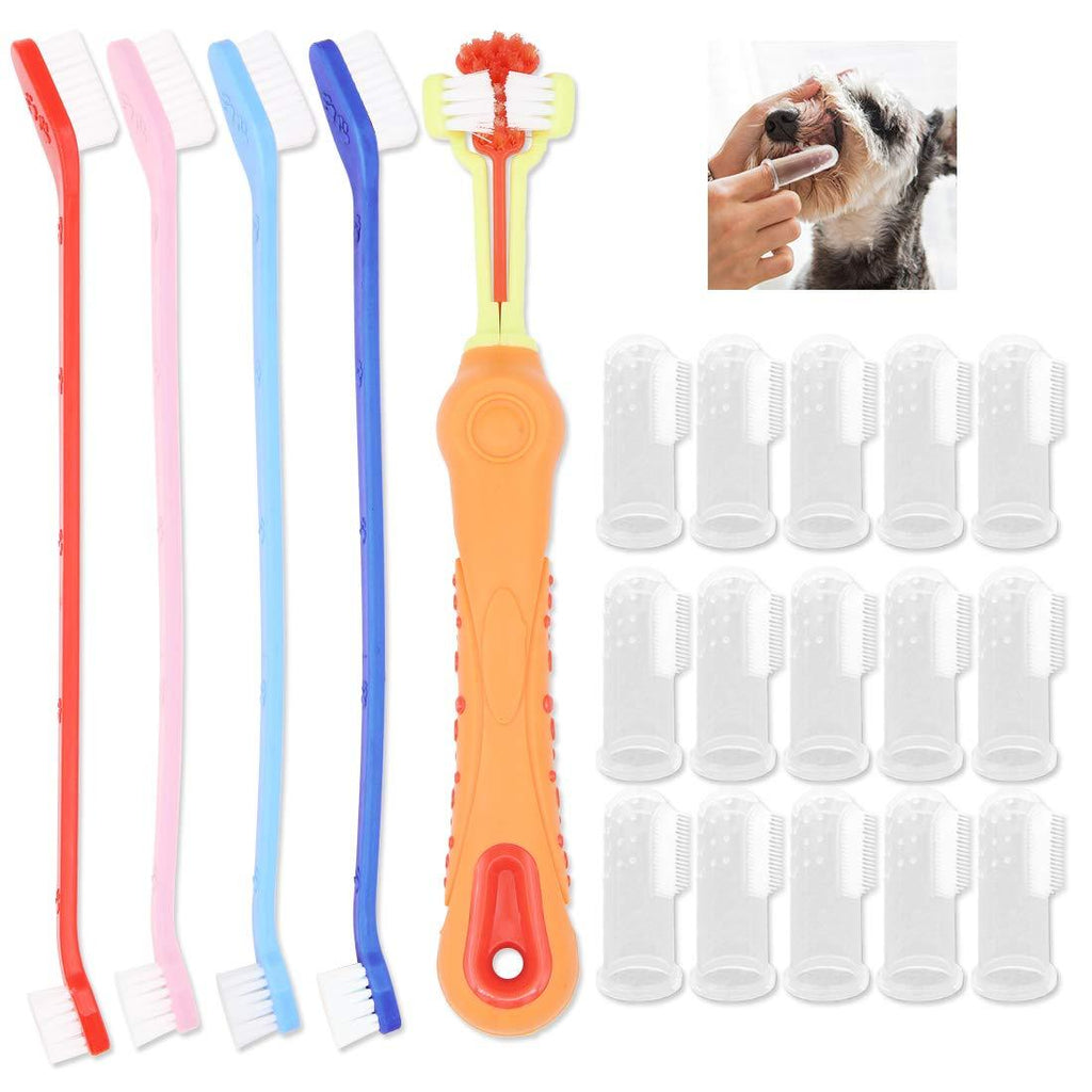 Wudong Pet Toothbrush Set,Soft Dual&Triple Headed Toothbrush and Silicone Finger Toothbrush for Dogs Cats Dental Care - PawsPlanet Australia