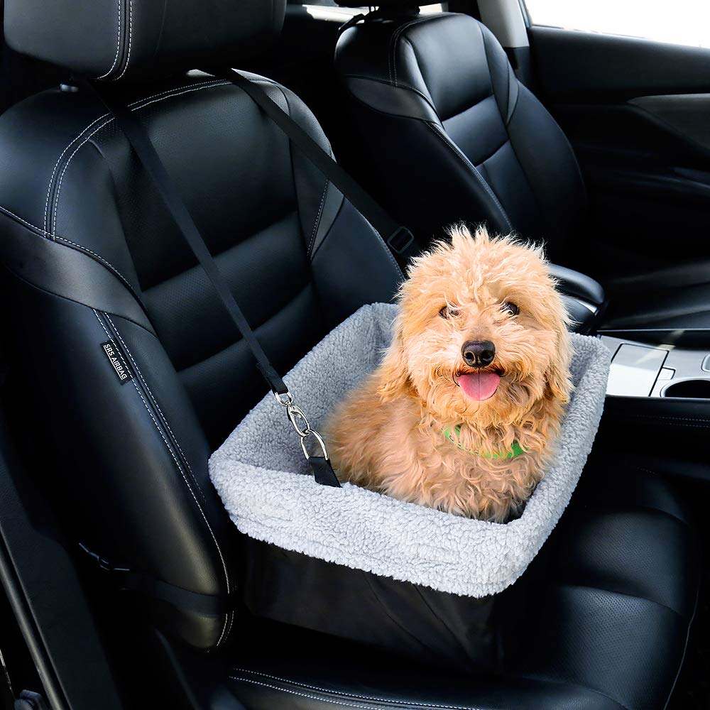 Dog Booster Car Seat with Clip On Safety Leash and Zipper Storage Pocket - Elevated Pet Booster Seat for Small and Medium Pets Up to 9kg Black-Grey - PawsPlanet Australia