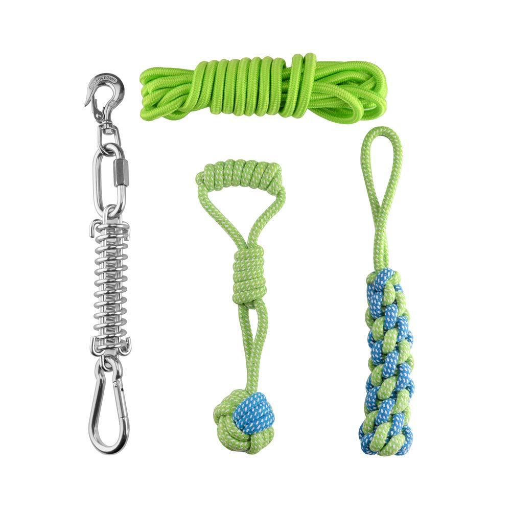 hj ANG Outdoor Stainless Steel Spring Pole Hanging Bungee Exercise Dog Rope Toys,with 2 Braided Cotton Blend Rope, Interactive dog toy for Pulling, Chasing, Chewing, Training (Green with 5M Rope) Green with 5M Rope - PawsPlanet Australia