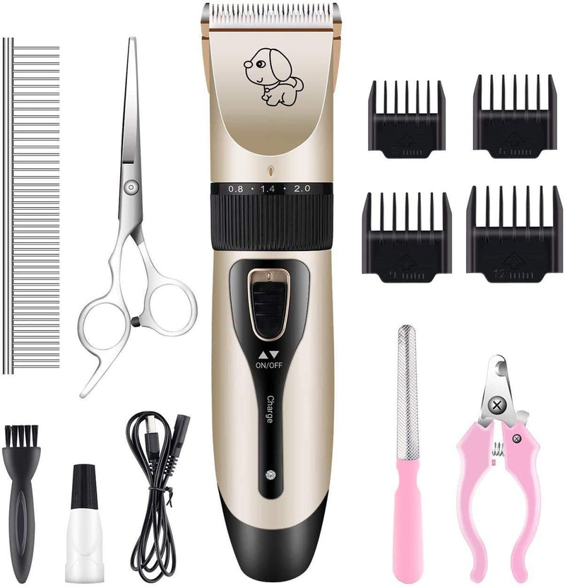 LDREAMAM Dog Clippers, Low Noise Rechargeable Cordless, Pet Clippers Grooming Kit with Stainless Steel Nail Clippers Rub Grooming Comb for Cats Dogs Gold - PawsPlanet Australia