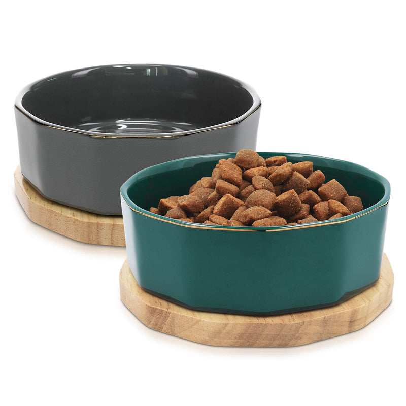 Navaris Ceramic Dog Bowl - Set of 2 800ml Water or Food Bowls for Pet Dogs and Cats with Non Slip Oak Wood Underlay - Ceramic Bowls - Grey, Petrol Dark Green - PawsPlanet Australia