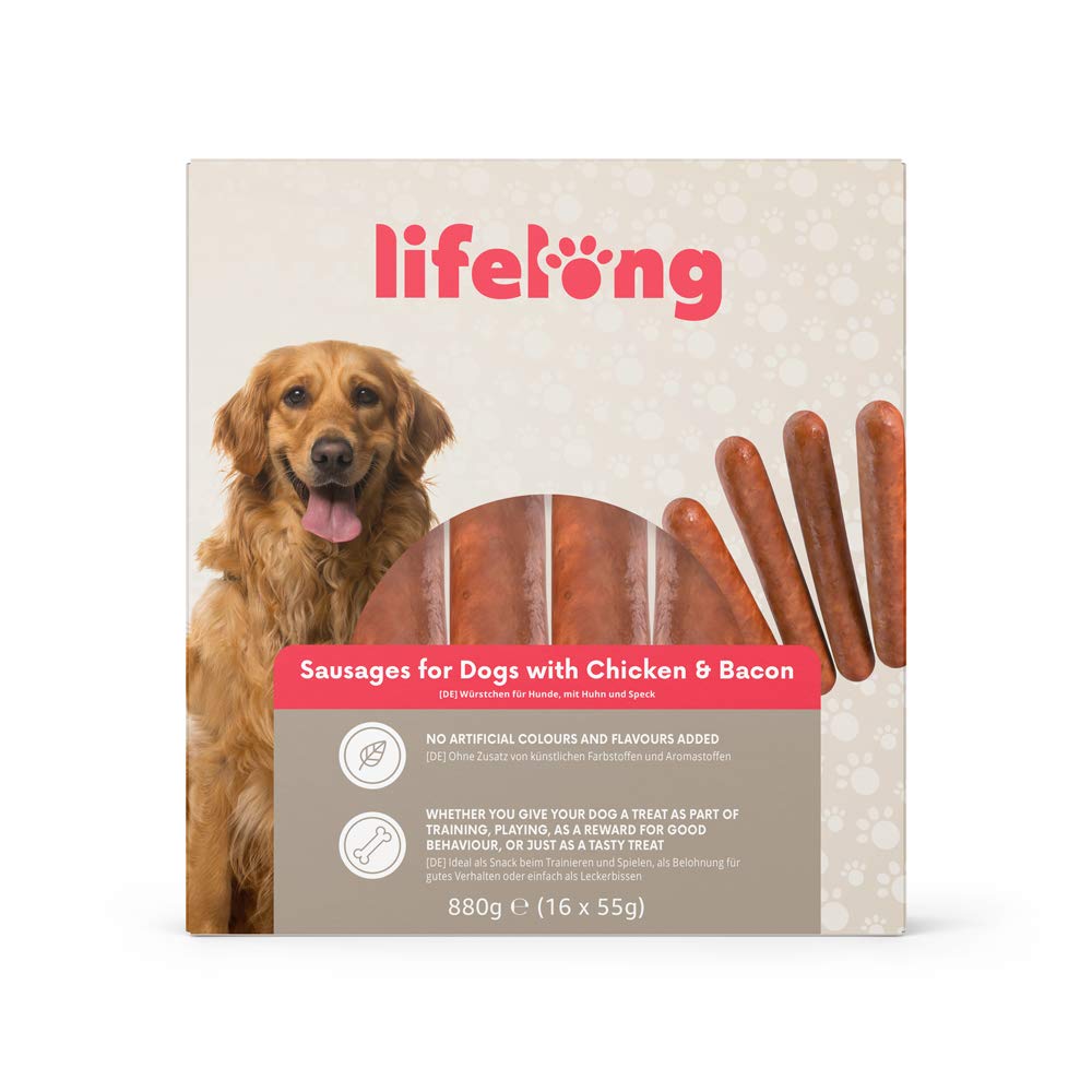 Amazon Brand - Lifelong - Dog Treats: Chicken & Bacon Hot Dog Sausages, 880gr (16 pieces) Chicken and bacon 55 g (Pack of 16) - PawsPlanet Australia