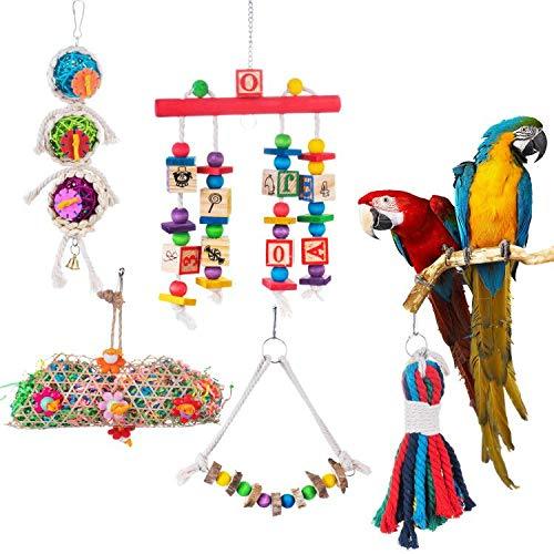Dono Bird Parrot Toys - 5 pcs Hanging Swing Chewing Toys with Bells for Cages Natural Wooden Blocks Bird Parrot Tearing Toys suitable for Small Parakeets, Cockatiels, Conures, Finches,Budgie,Macaws… - PawsPlanet Australia