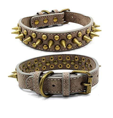 RC GearPro Pet Studded Dog Collar Products Rivet Spiked Studded Genuine Leather Dog Collar for Small Medium Large dog (M, Gray) M - PawsPlanet Australia