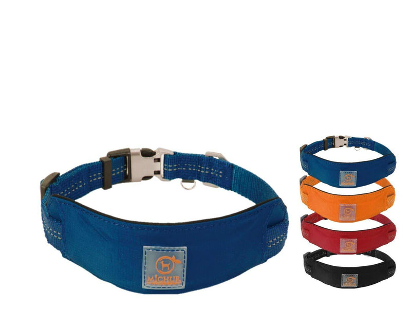 Michur Bruno Blue dog collar small dog large dog dog collar strong, made of nylon with neopren reflective S: 12.20-16.54" - PawsPlanet Australia