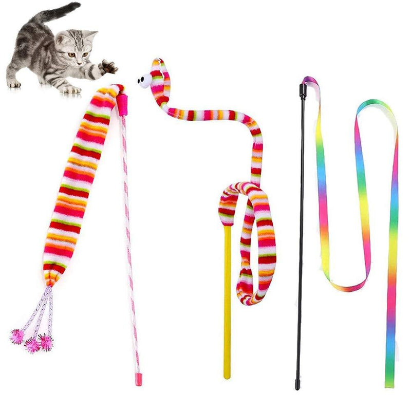 NEKOSUKI Cat Wand Rainbow Toy, 3 Styles Funny Interactive Cat Toys, Cuddly Stuffed Snake Cat Toy on Stick with Bell, Colorful Sounding Toys, Rainbow Ribbon Wand for Kittens Training - PawsPlanet Australia