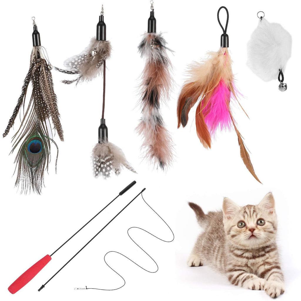 YOUTHINK Cat Feather Wand Interactive Retractable Bendable High Toughness Elastic Cat Feather Toys with Bell and 5 pcs Natural Feather Refills for Cat Playing Chasing Running - PawsPlanet Australia