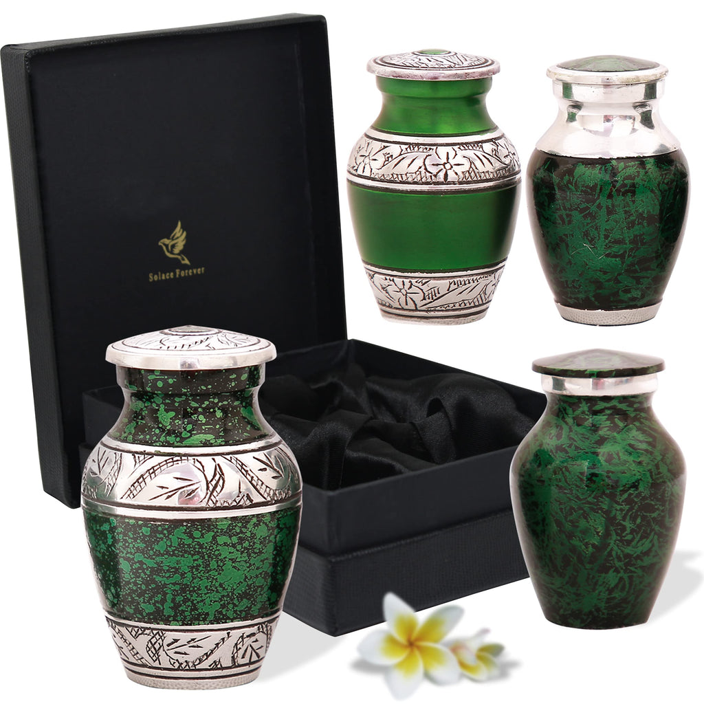 Green Keepsake Urns Set - Handcrafted Mini Urns Set of 4 - Green Urns for Ashes Adult Small with Box & Velvet Bags - Honour Your Loved One with Small Cremation Urn Green - Perfect for Adults & Infants - PawsPlanet Australia