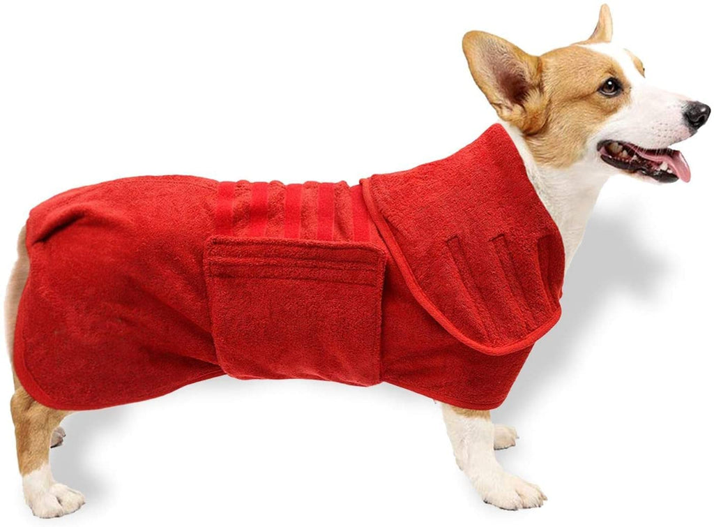 UOMIO Dog Drying Coat Bathrobe Towel, Puppy Towelling Robe, Double-layer Microfiber Absorb Moisture and Dry Pet Quickly, Adjustable Collar and Waist - 43CM Back Length for Puppy Small Dog S Red - PawsPlanet Australia