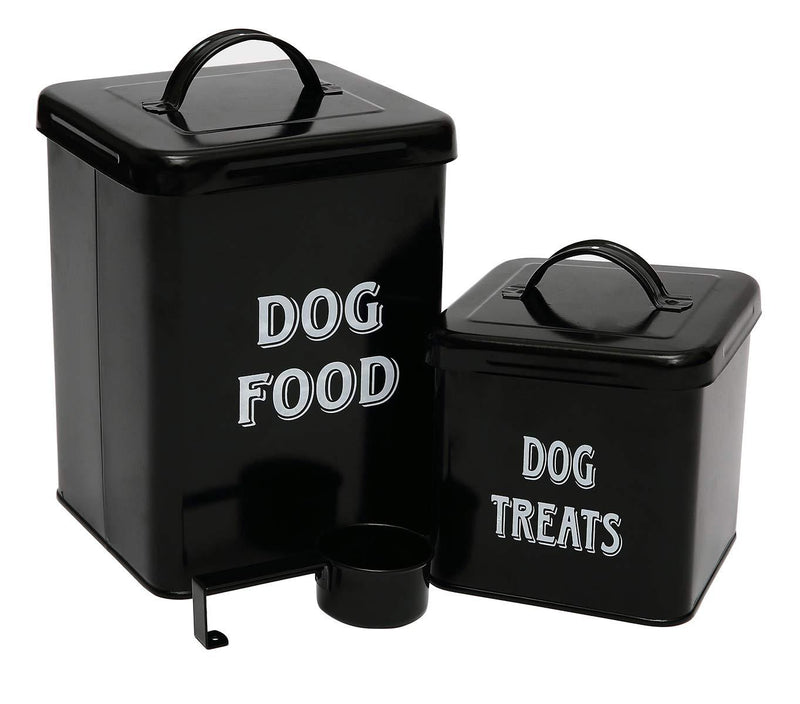 Pethiy Dog Food and Treats Containers Set with Scoop for Dogs-Vintage White Powder-Coated Carbon Steel - Tight Fitting Lids - Storage Canister Tins Small-Black Black - PawsPlanet Australia
