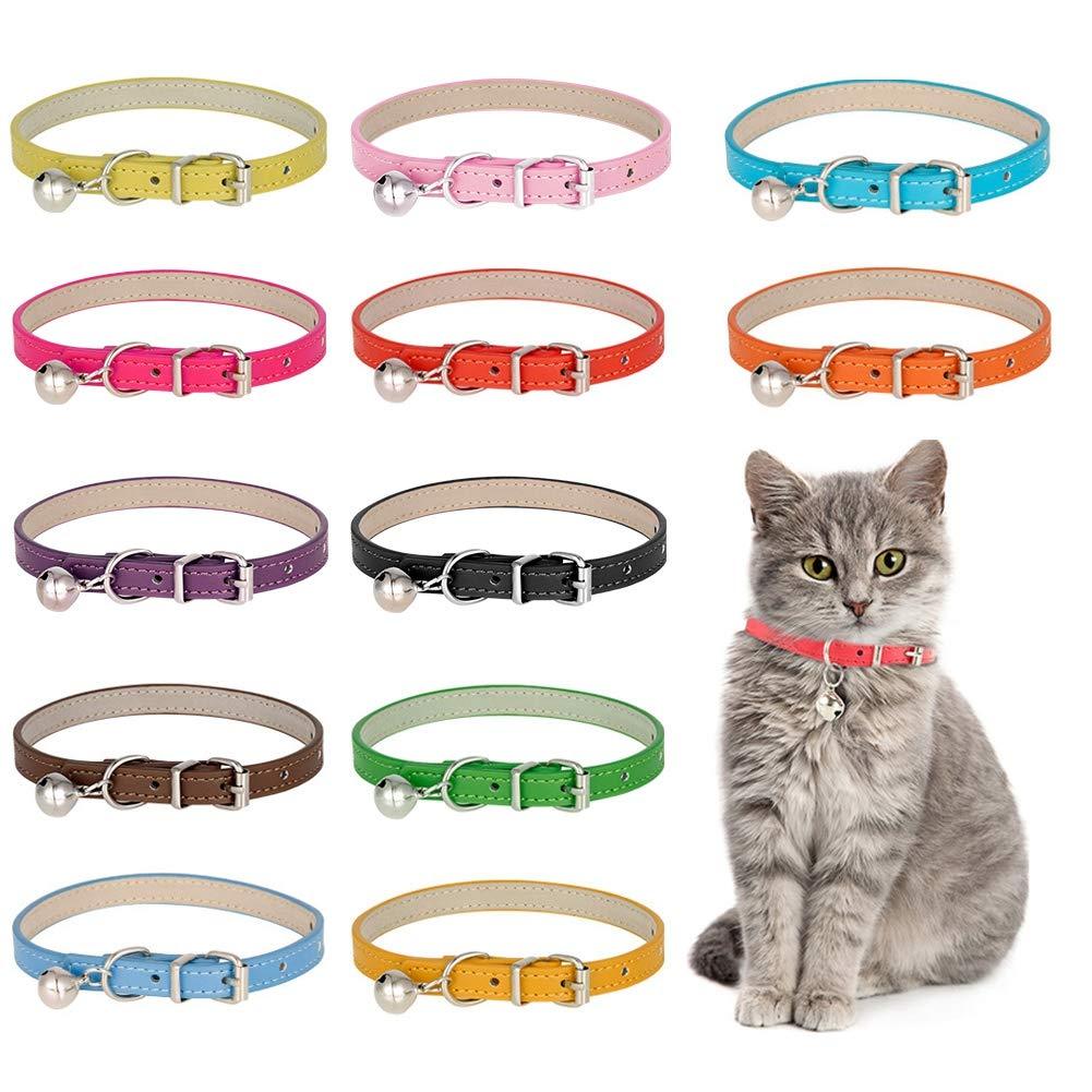 tonyg-p 12 Pack Leather Cat Collars with Bells Handmade Polished Durable Metal Buckle Soft Adjustable Pet Collars for Cats Kitten, Assorted Colour - PawsPlanet Australia