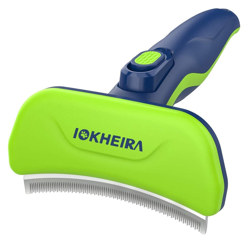 Iokheira Dog Deshedding Tool, Professional Pet Grooming Brush with Quick Release Hair off Button, Effectively Reduces Shedding by up to 95% for Short Medium and Long Pet Hair Green - PawsPlanet Australia