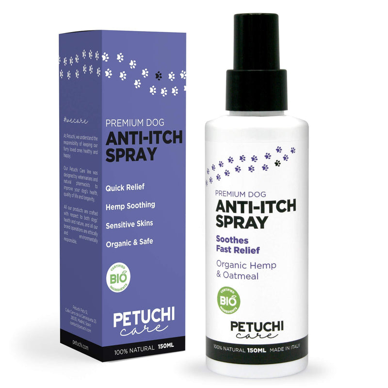 PETUCHI Itchy Skin Relief for Dogs; Spray with Hemp and Oatmeal; 100% Natural for Sensitive and Irritated Dog Skin; 150ml - PawsPlanet Australia