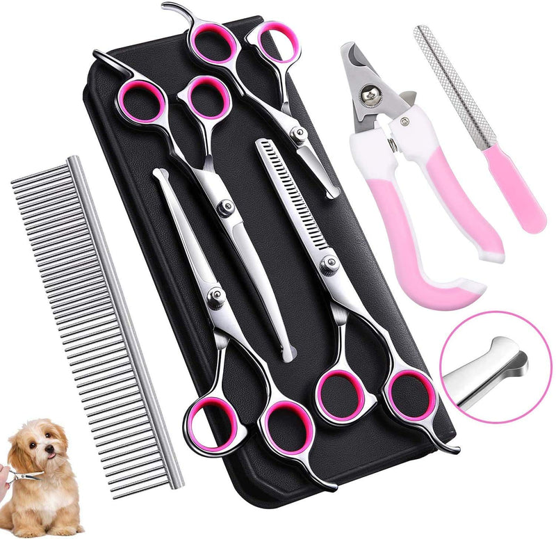 Tebrun Dog Grooming Kit, 7 Pieces Professional Pet Grooming Scissors Set Include Thinning Scissors, Curved Scissors, Straight Scissors, Grooming Comb, Nail Clipper and Nail File - PawsPlanet Australia