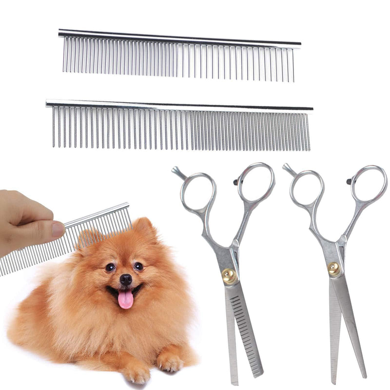 4 Pack Pet Grooming Kit(Straight and Dental Shears), Stainless Steel Pet Trimmer Kit, Hairdressing Tools for Pet Hair Trimming, with Pet Grooming Comb, for Cat Dog and More Pets - PawsPlanet Australia