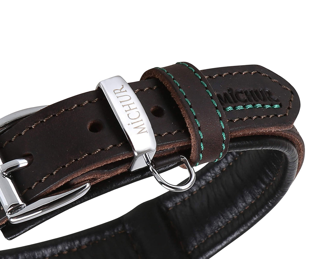 MICHUR Oleo dog collar leather, dog leather collar, collar brown, green stitching, LEATHER, Neck circumference 14,17-17,72" Neck circumference 14,17-17,72" - PawsPlanet Australia