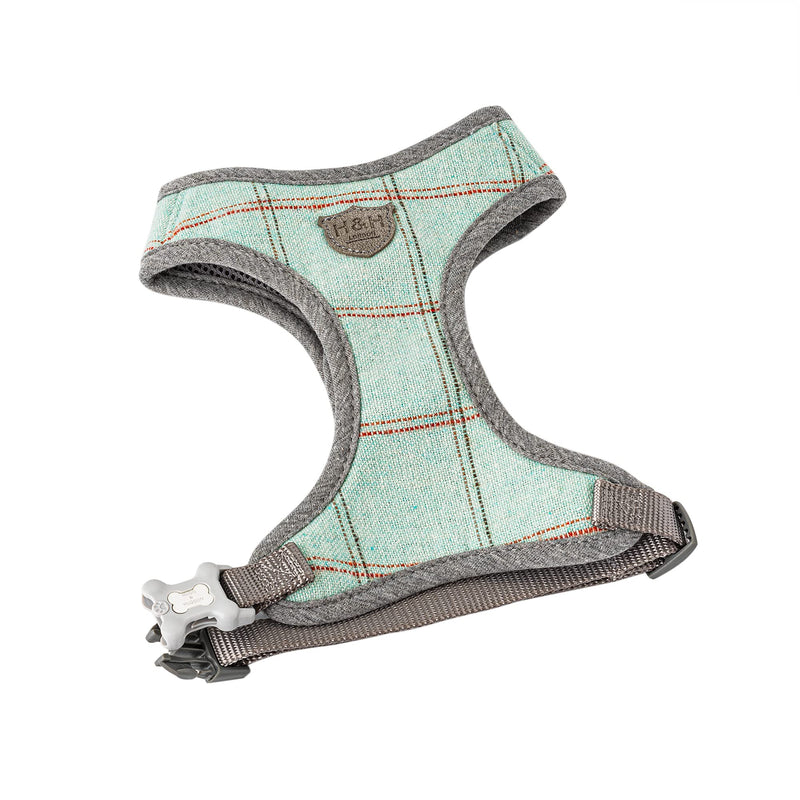 HUGO & HUDSON Tweed Vest Dog Harness - Adjustable Rear Buckle No Choke Harnesses for Training and Walking - Comfortable Soft Padding - Aqua Checked - XS - PawsPlanet Australia