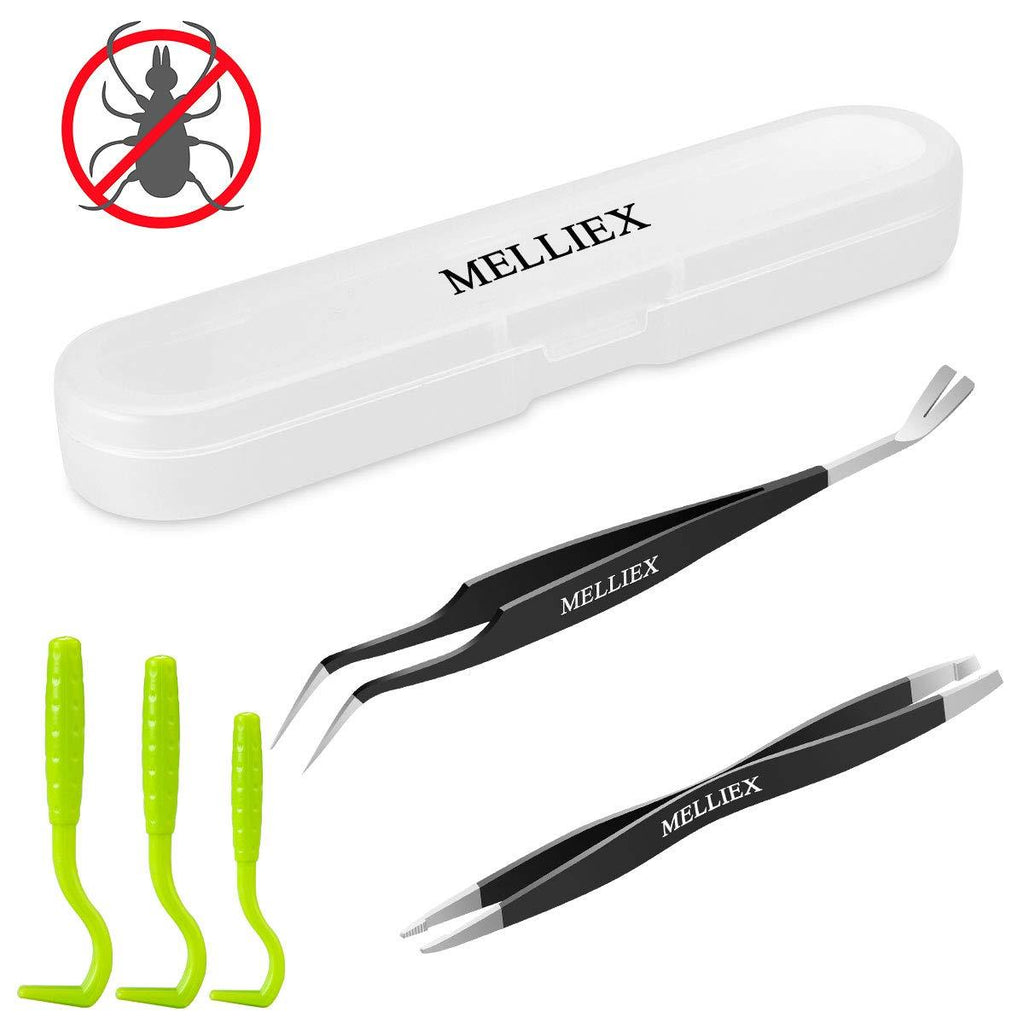 MELLIEX 5pcs Tick Remover Tool Set, Stainless Steel Tick Tweezers Pliers with Storage Box for Humans, Dogs, Cats Black - PawsPlanet Australia