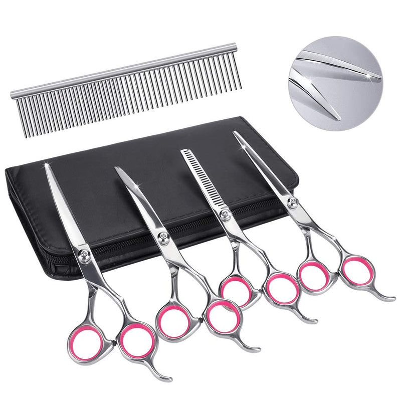 Maxiaa 4 Pcs Professional Dog Grooming Scissors, Stainless Steel Pet Grooming Scissors Set with 7-inch Straight Scissors, Thinning Shear, Up-curved Scissors, Down-curved scissors, Grooming Comb (Pink) - PawsPlanet Australia