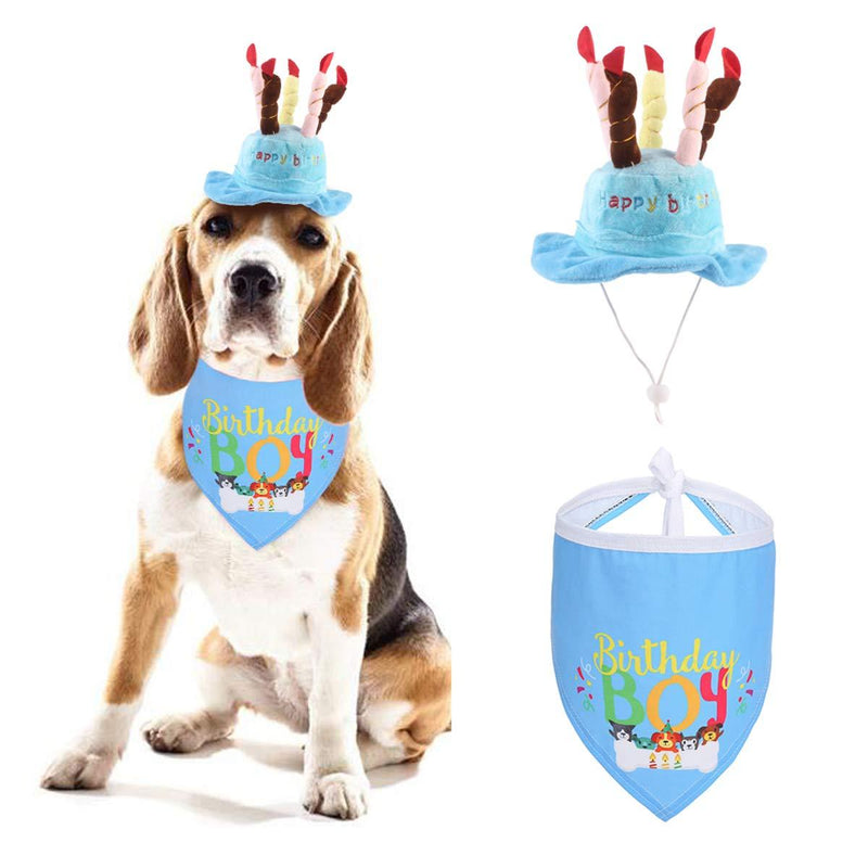 Dog Birthday Bandana Hat, 2pcs Cute Dog Birthday Candles Cake Hat with Triangle Bib Scarf for Girls Boys,Happy Birthday Boy Print Outfit for Your Lovely Dog Puppy Pet Birthday Supplies Blue - PawsPlanet Australia