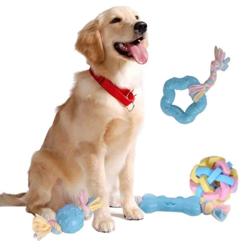 Molangfushi Puppy Chew Toys Set, 4pcs Macaron Color Toy for Dogs to Exercise and to Clean Teeth, with Ball and Cotton Ropes for Small Puppies and Medium Dogs Blue - PawsPlanet Australia