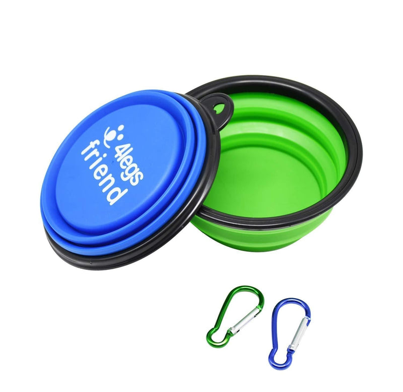 4LegsFriend Set of 2 Collapsible Pet Bowls with Carabiner Clips | BPA Free Food Grade Silicon 2 Pc Dog and Cat Expandable Travel Bowls | Pop Out Dog Bowls (Green + Blue) Green + Blue - PawsPlanet Australia