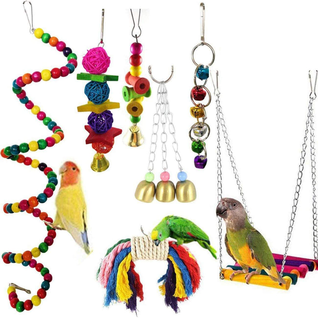 Wonninek Bird Toys Parrots Toy 7pcs Hanging Swing Chewing Bell Toy for Cage Conures Parakeets Cockatiels Macaws Finches Mynah Budgies - PawsPlanet Australia