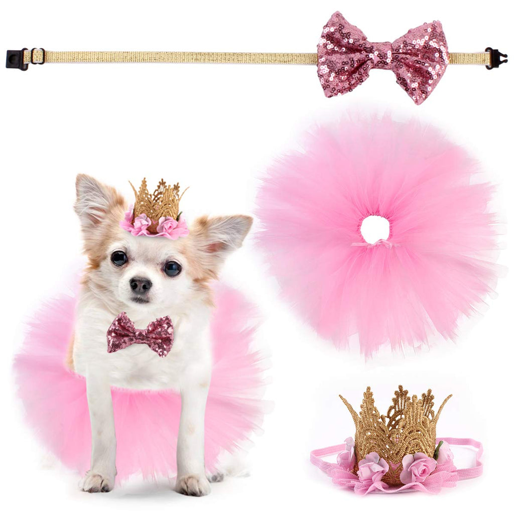Ruiqas Dog Wedding Dress Girl - Puppy Birthday Party Supplies - Cute Tutu Skirt Bowtie and Crown Hat Set, Pink Gift for Small Dogs Cat(pink) - PawsPlanet Australia