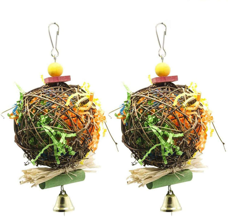 Wonninek 2 Pack Bird Chewing Toy Natural Rattan Ball Come with Paper Strips Foraging Shredder Toy Parrot Cage Hanging Bell Toy for Parrot Budgie Parakeet Cockatiel - PawsPlanet Australia
