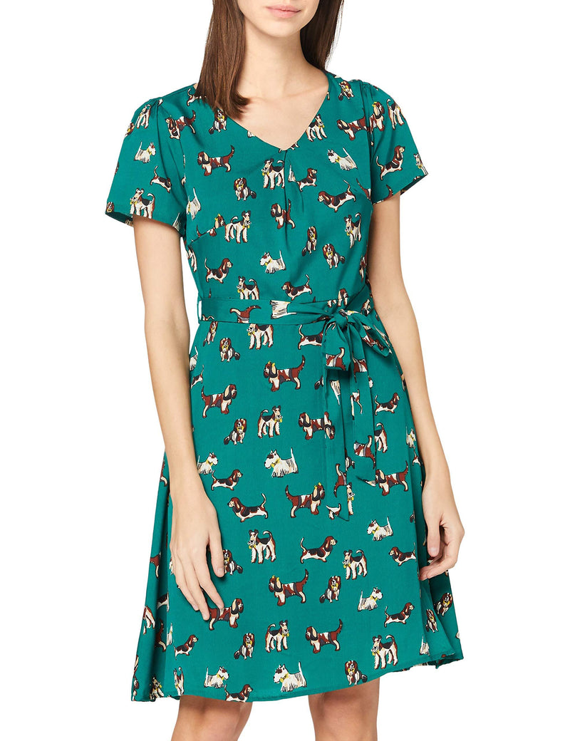 Yumi Women's Green Cute Dog Print Skater Dress Casual 12 - PawsPlanet Australia