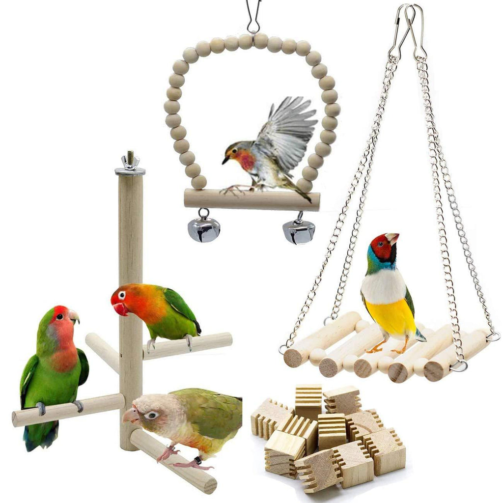 Wonninek 13 Pcs Bird Parrot Swing Chewing Toys with Upgraded Bell Natural Wood Standing Hanging Hammock Bird Cage Toys for Small Parakeets, Cockatiels, Finches, Budgie, Macaws - PawsPlanet Australia
