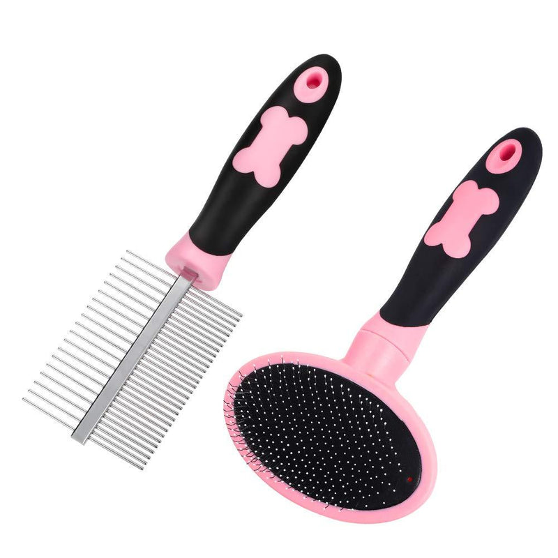 tonyg-p Dog Grooming Brush Comb Kit, Soft Slicker Brush + Double Sided Grooming Comb for Small Medium Large Pets with Long Hair(Pink) Pink - PawsPlanet Australia