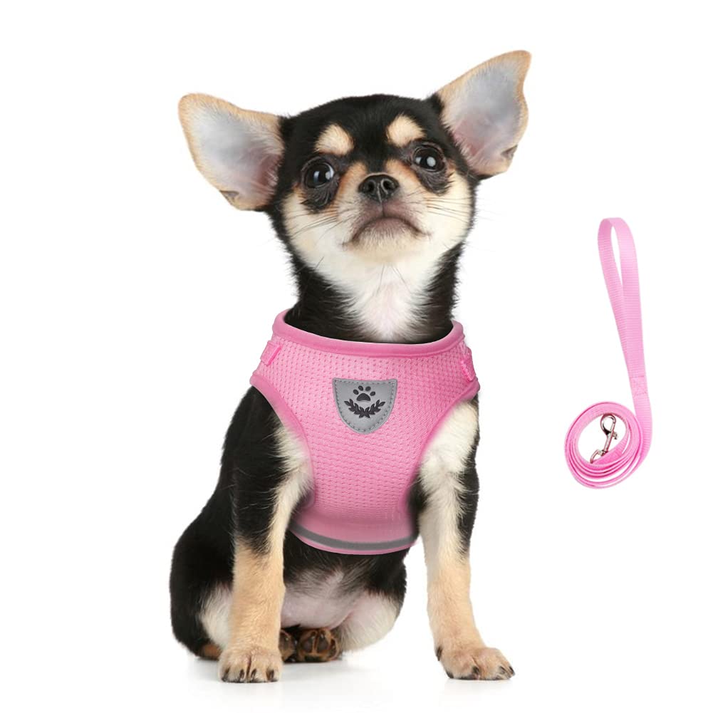 FEimaX Dog Harness and Leash Set, No Pull Adjustable Soft Mesh Puppy Harness for Walking Escape Proof Kitten Step-in Breathable Reflective Vest For Small Dogs Cats S (Chest 11.8-13.3'') Pink - PawsPlanet Australia