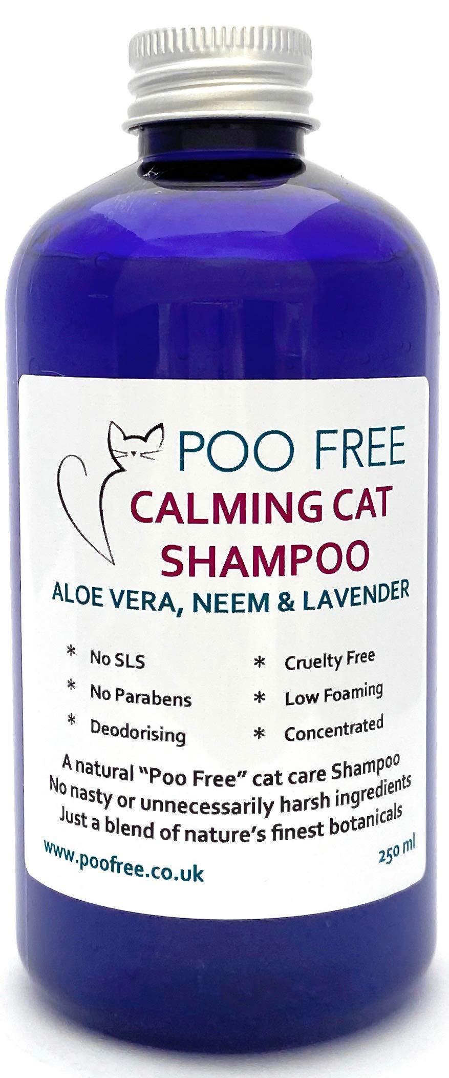Natural CALMING SHAMPOO FOR CATS - ALOE VERA, NEEM & LAVENDER - 250ml - by POO FREE - No Sulfates, No Parabens, No Silicones. Soothes, Relieves Itchiness, Eliminates Germs and Smells. Concentrated. - PawsPlanet Australia
