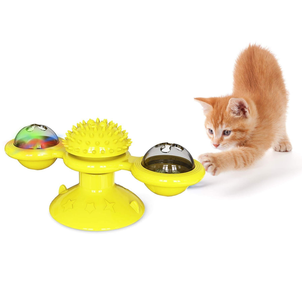 Suhaco Windmill Cat Toys, Interactive Teasing Cat Toy, Turntable Rotating Portable Pet Toys, Wall Mount Cat Spinner with Rotatable Ball Toy (Yellow) Yellow - PawsPlanet Australia